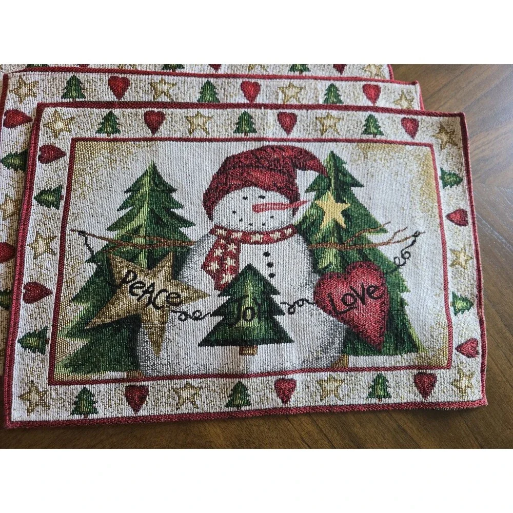 Christmas Snowman Tapestry Placemats Set of 4 Peace Joy Love Holiday Table Decor